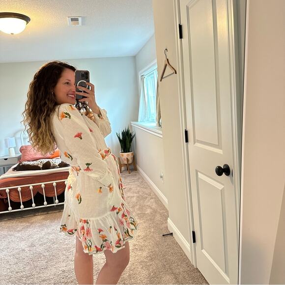 NWT HANNAH Artwear White Orange Pink Linen Floral Embroidered Mini Dress 1 Small - Picture 2 of 15